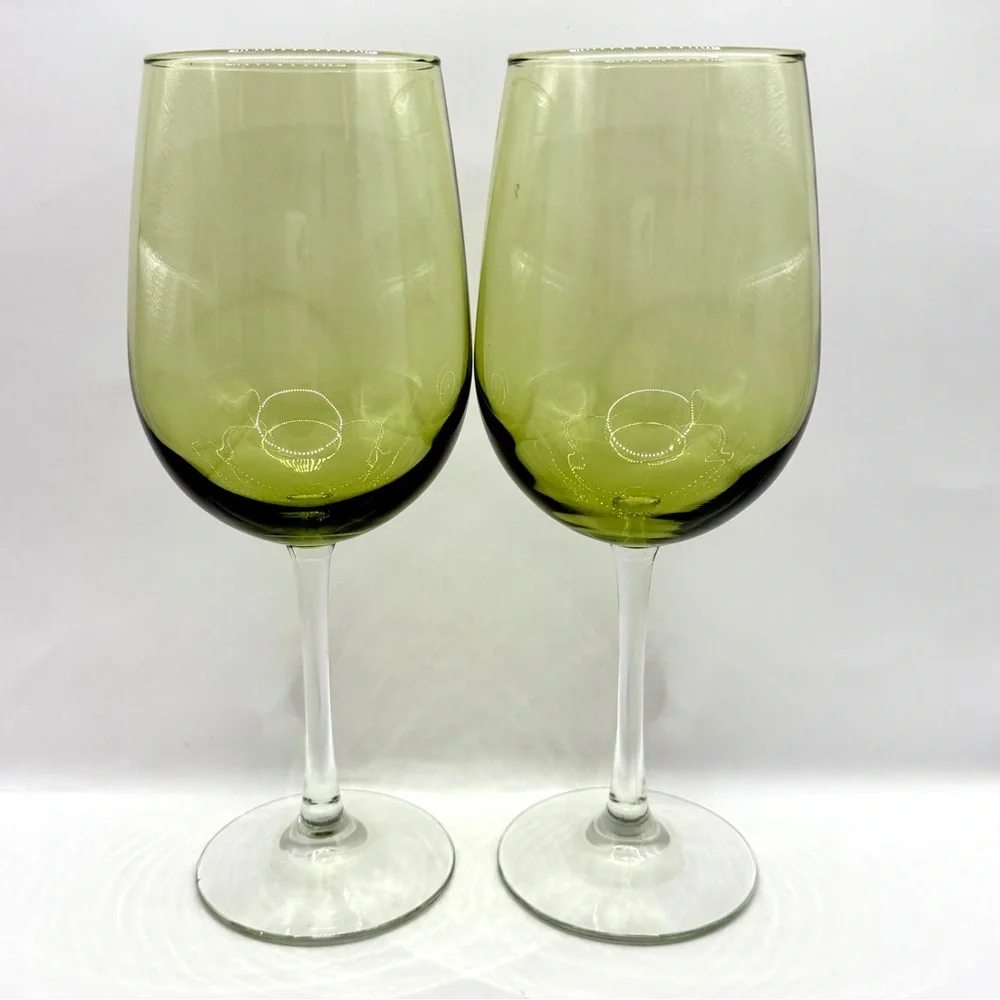 Pier 1 Pantiago Clear Stem Moss Glassware Set of 2 Olive Green Wine Goblets